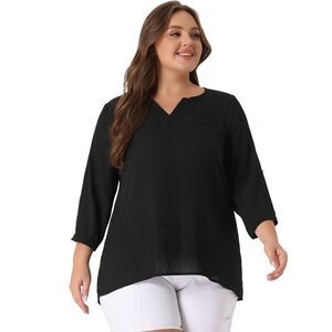 Plus Size Tops Split Neck High Low Hem 3/4 Sleeves Chiffon Blouse Black